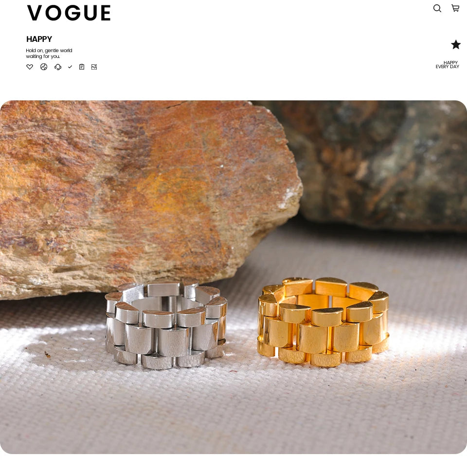 Yhpup New Waterproof Stainless Steel Chain Finger Ring Personalized Metal Texture Rust Proof Charm Fashion Jewelry for Women