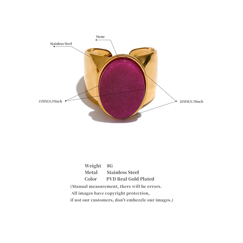 Yhpup PVD Plated Stone Stainless Steel Gold Color Wide Ring Summer Trendy Fashion Jewelry Accessories Bijoux