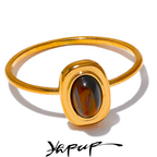 Yhpup Fashion Natural Stone Stainless Steel Oval Thin Chic Ring Women 18K PVD Plated Waterproof Jewelry Accessories Gift