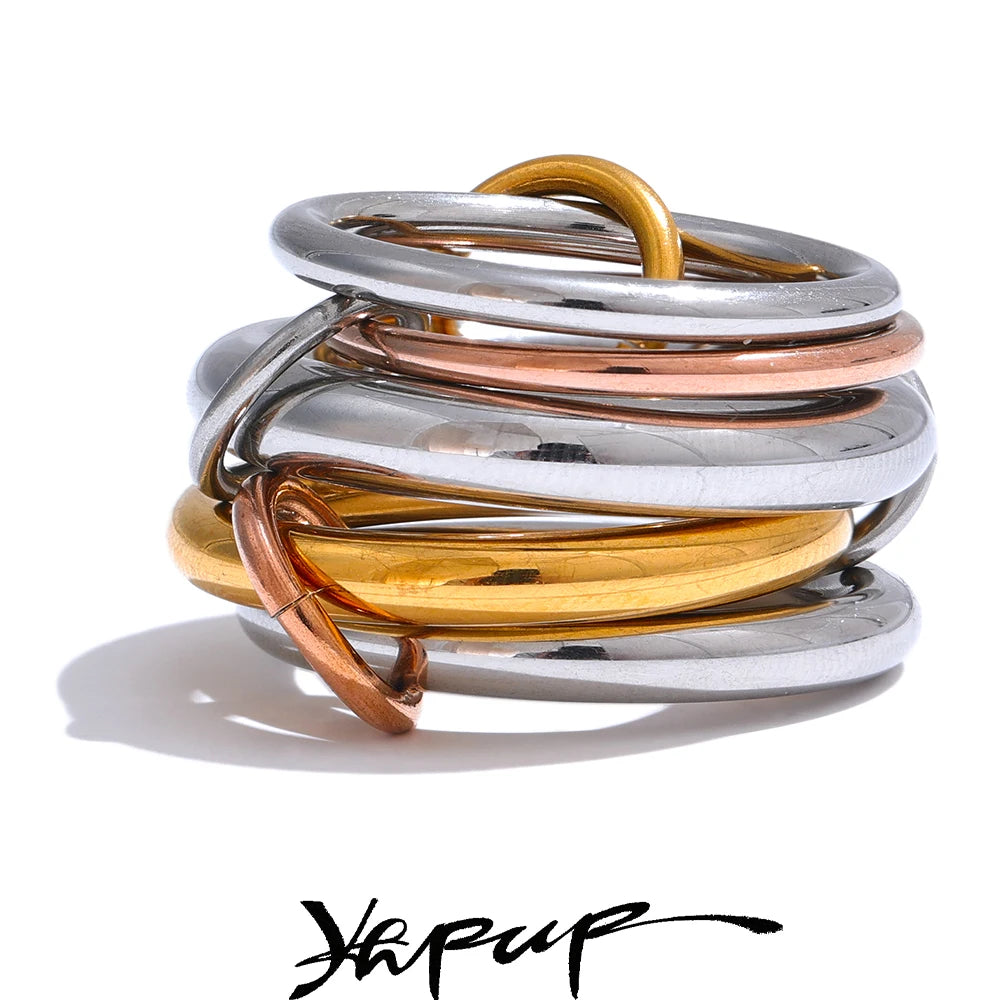 Yhpup Stainless Steel 3 Colors 5 Links Stacked Rings PVD Real Gold Plated Jewelry for Women