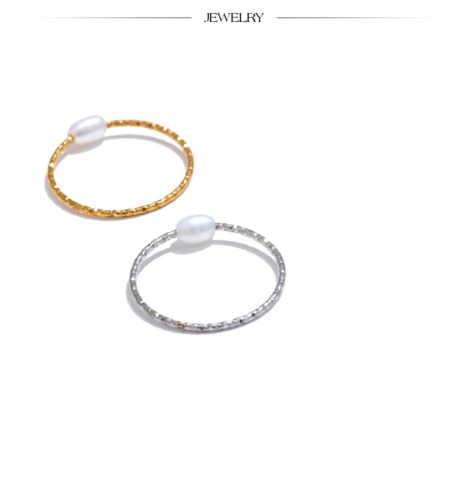 Yhpup Trendy Stainless Steel Natural Pearl Thin Finger Ring for Women Summer Versatile Daily Jewelry Accessories Gift