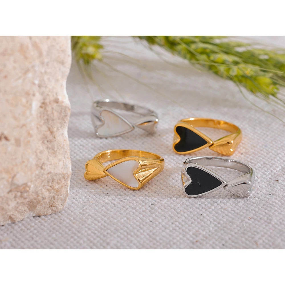 Yhpup Shell Acrylic Heart Stainless Steel Stylish Ring for Women Charms Metal Texture Waterproof Golden Jewelry Gala Gift