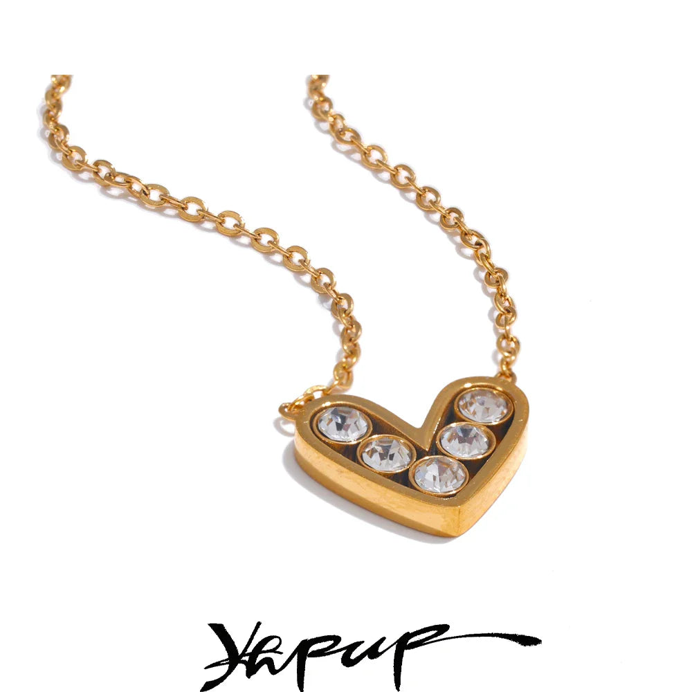 Yhpup Fashion Stainless Steel Bling Cubic Zirconia Heart Love Necklace Gift Exquisite Pendant Romantic Waterproof Jewelry