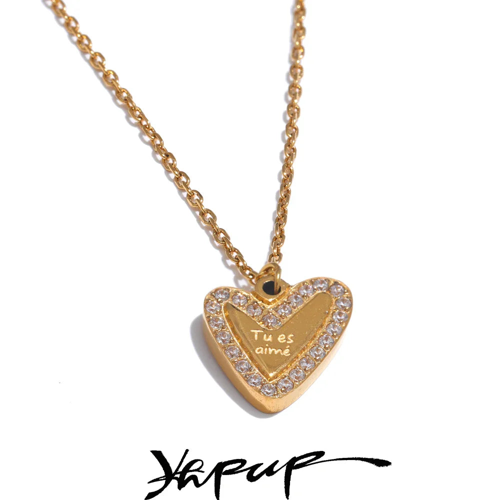 Yhpup Exquisite Stainless Steel Zircon Heart Love “Tu es aime” Wish Lucky Happily Pendant Necklace Women Fashion Jewelry Gift