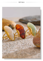 Yhpup New Design Brown Green Beige Resin Geometric Adjustable Ring Golden PVD Stainless Steel Rust Proof Finger Jewelry Gift