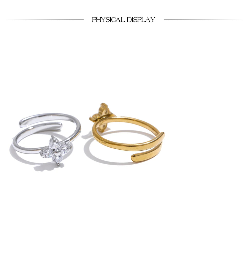 Yhpup Exquisite Stainless Steel Bling Cubic Zirconia Flower Adjustable Ring for Women Fashion Shiny Finger Jewelry New
