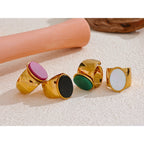 Yhpup PVD Plated Stone Stainless Steel Gold Color Wide Ring Summer Trendy Fashion Jewelry Accessories Bijoux