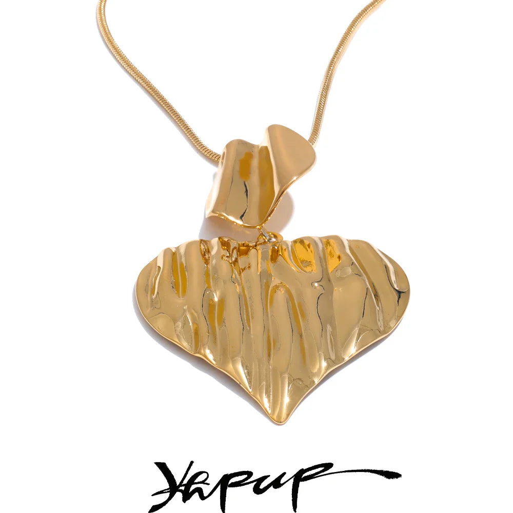 Yhpup Stainless Steel Metal Big Heart Love Statement Necklace Pendant Distinctive Fashion Jewelry Waterproof Clothes Accessories