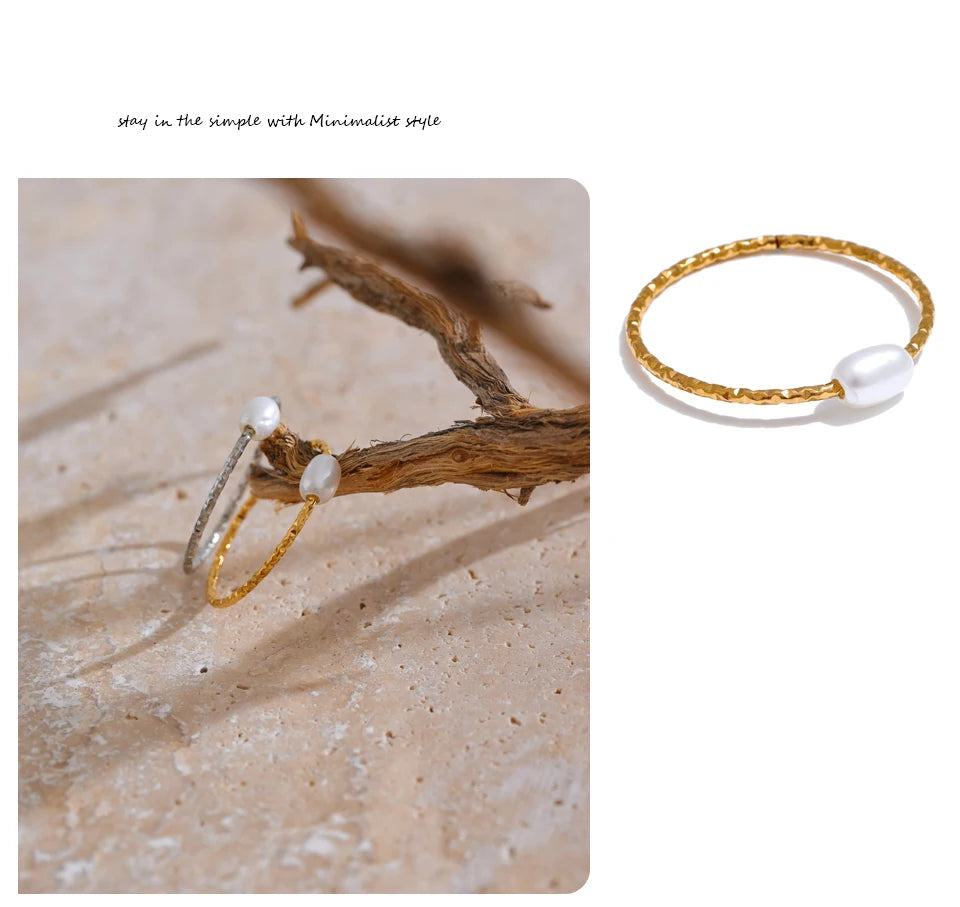 Yhpup Trendy Stainless Steel Natural Pearl Thin Finger Ring for Women Summer Versatile Daily Jewelry Accessories Gift