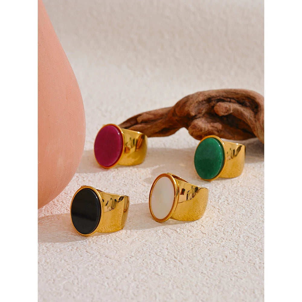 Yhpup PVD Plated Stone Stainless Steel Gold Color Wide Ring Summer Trendy Fashion Jewelry Accessories Bijoux
