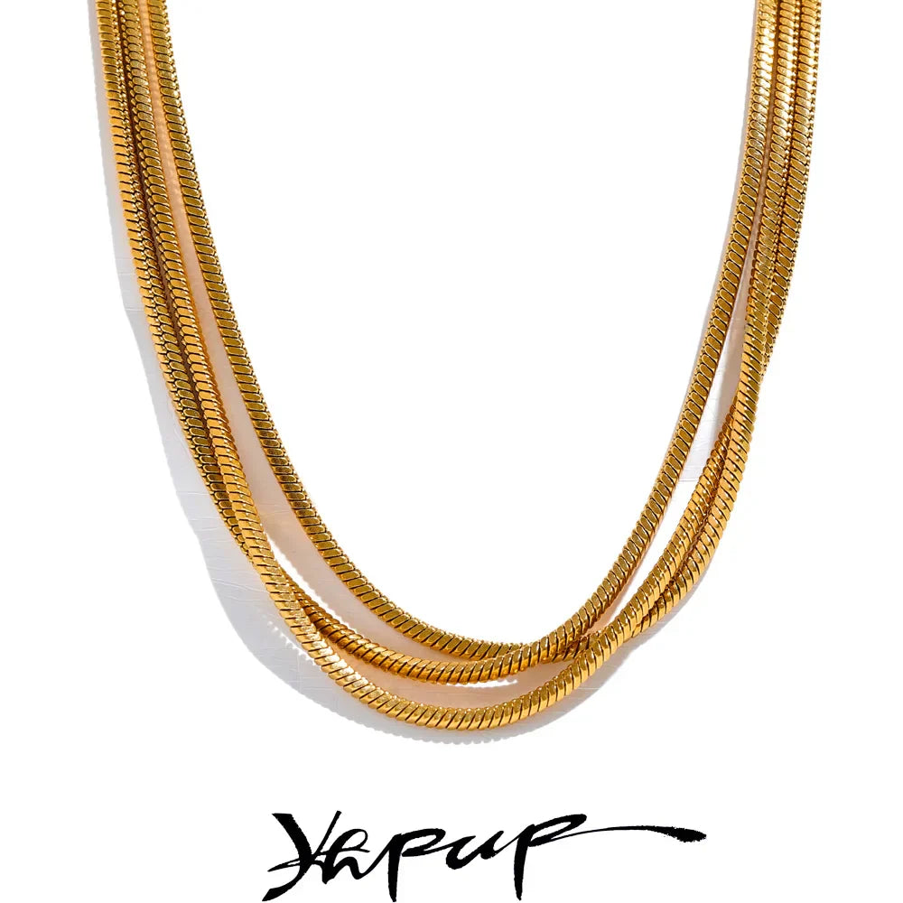 Yhpup Waterproof Stainless Steel Layered Adjustable Overlay Long Chain Necklace 18K Gold Plated Metal Trendy Fashion  Jewelry