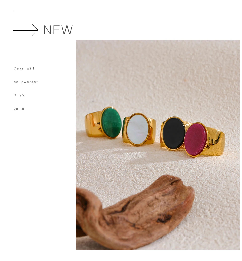 Yhpup PVD Plated Stone Stainless Steel Gold Color Wide Ring Summer Trendy Fashion Jewelry Accessories Bijoux