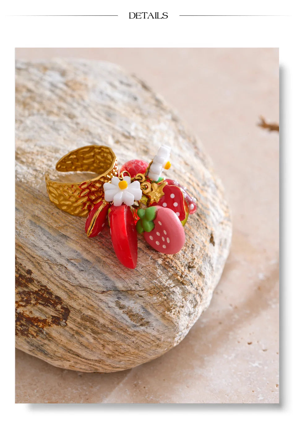 Yhpup Exclusive Design Strawberry Cherry Chilli Shell Resin Drop Open Adjustable Ring 18K Golden Stainless Steel Charm Jewelry