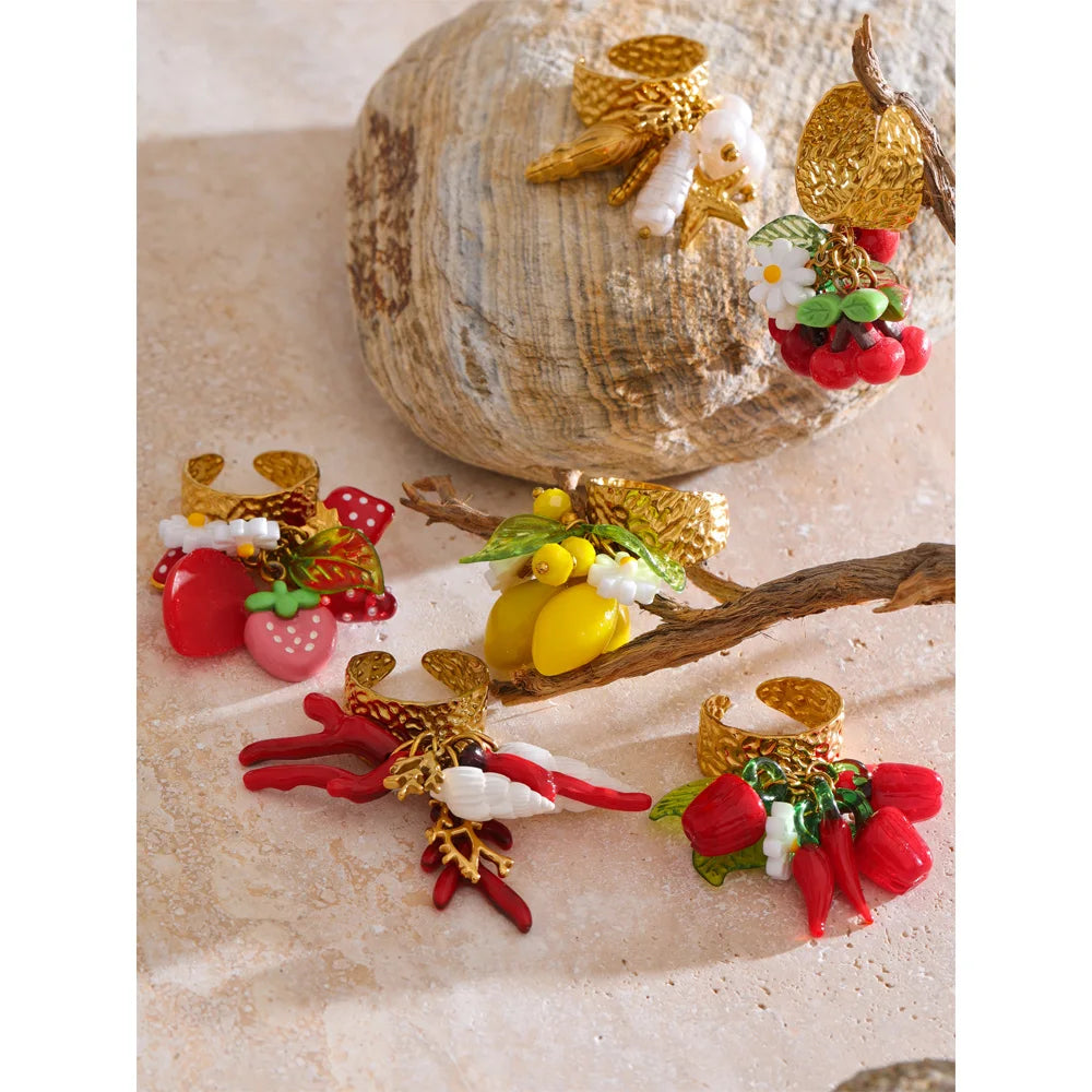 Yhpup Exclusive Design Strawberry Cherry Chilli Shell Resin Drop Open Adjustable Ring 18K Golden Stainless Steel Charm Jewelry
