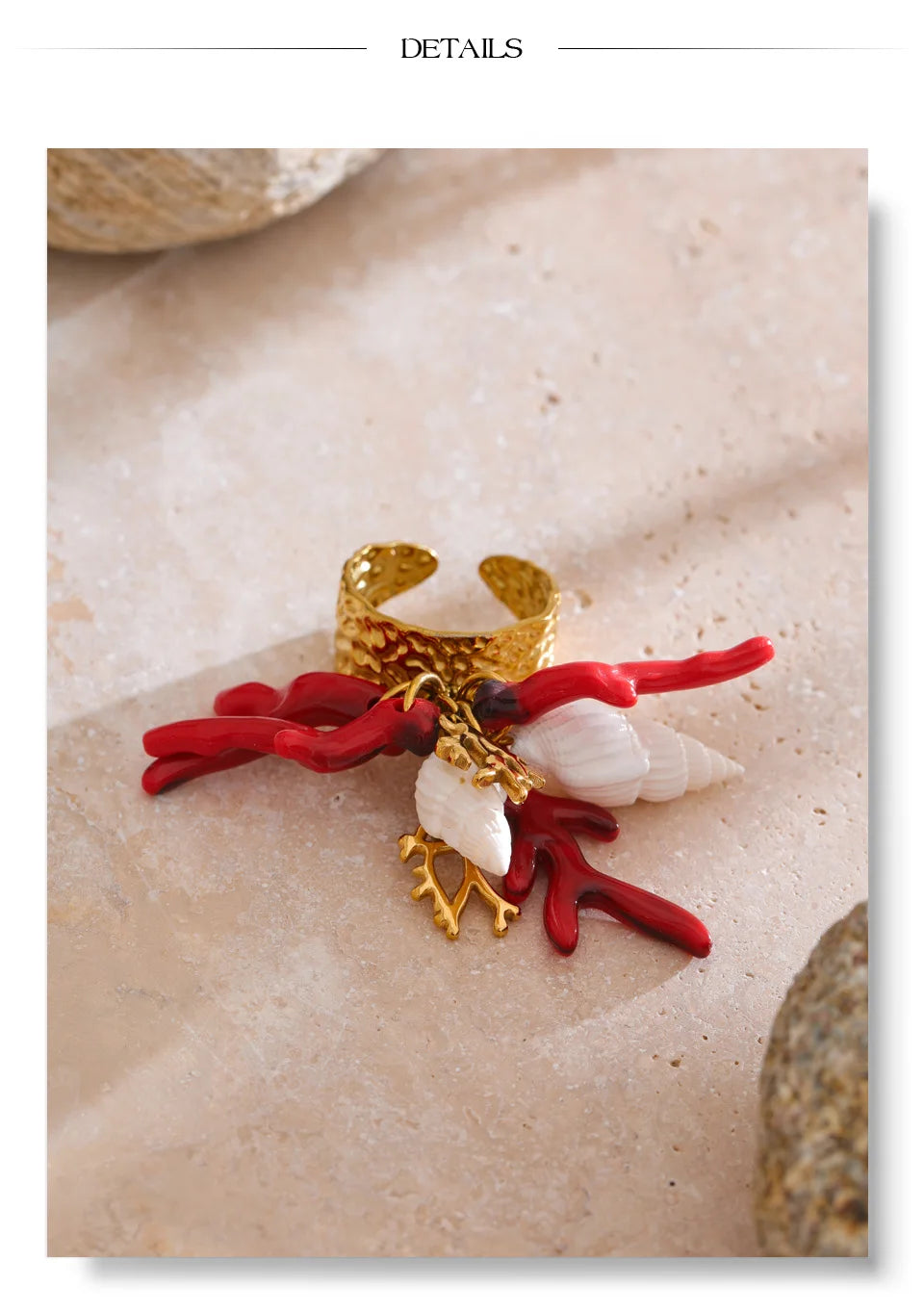 Yhpup Exclusive Design Strawberry Cherry Chilli Shell Resin Drop Open Adjustable Ring 18K Golden Stainless Steel Charm Jewelry