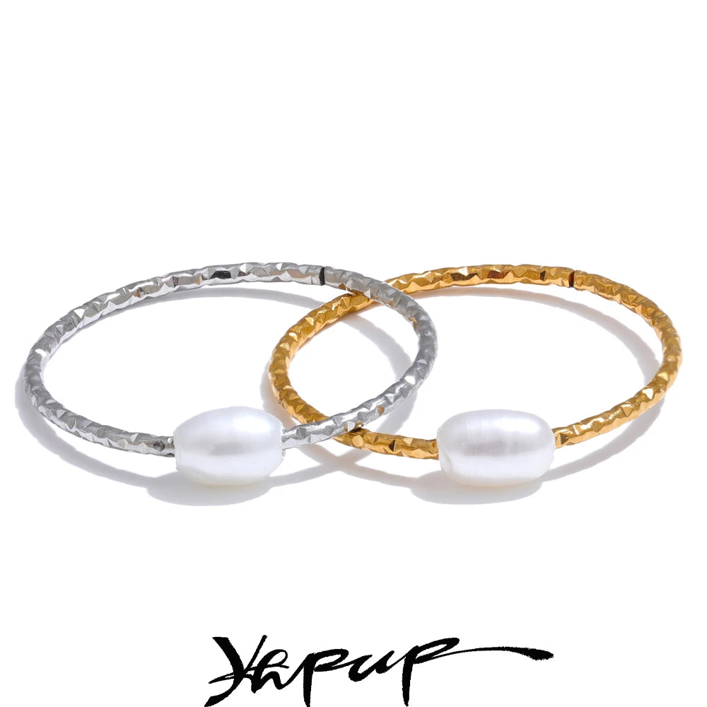 Yhpup Trendy Stainless Steel Natural Pearl Thin Finger Ring for Women Summer Versatile Daily Jewelry Accessories Gift