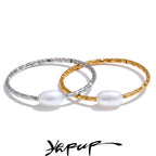 Yhpup Trendy Stainless Steel Natural Pearl Thin Finger Ring for Women Summer Versatile Daily Jewelry Accessories Gift