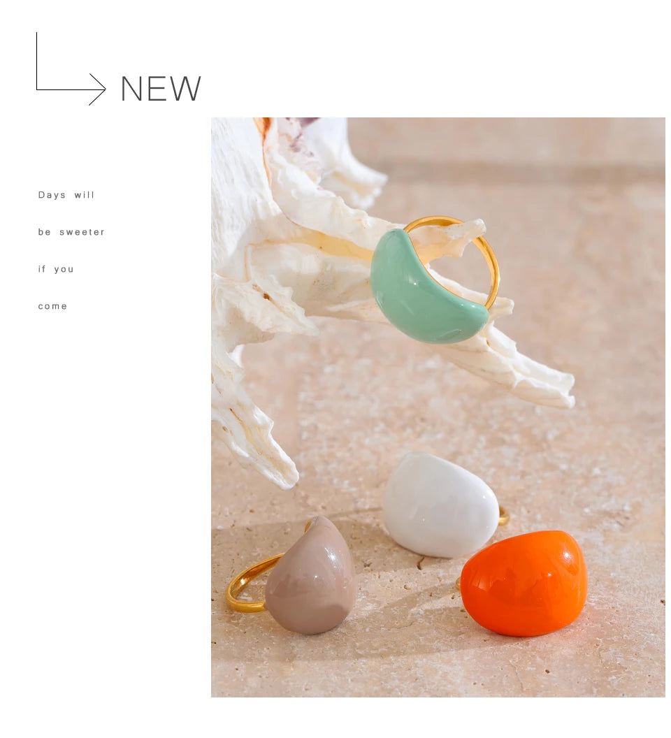 Yhpup Stainless Steel Fashion Joyful Candy Multi-Color Khaki Orange Blue White Enamel Ring Waterproof Adjustable Charm Jewelry