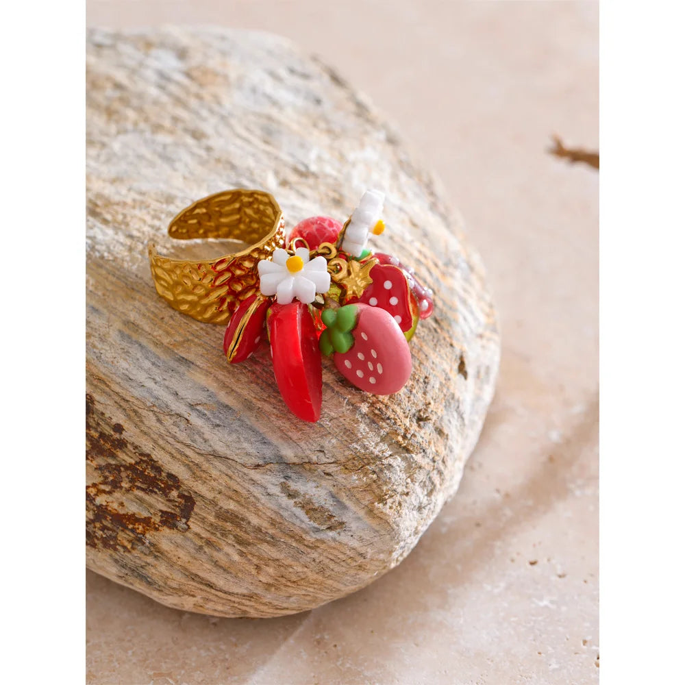 Yhpup Exclusive Design Strawberry Cherry Chilli Shell Resin Drop Open Adjustable Ring 18K Golden Stainless Steel Charm Jewelry