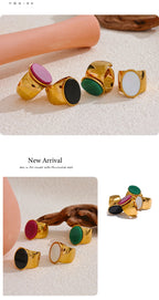 Yhpup PVD Plated Stone Stainless Steel Gold Color Wide Ring Summer Trendy Fashion Jewelry Accessories Bijoux