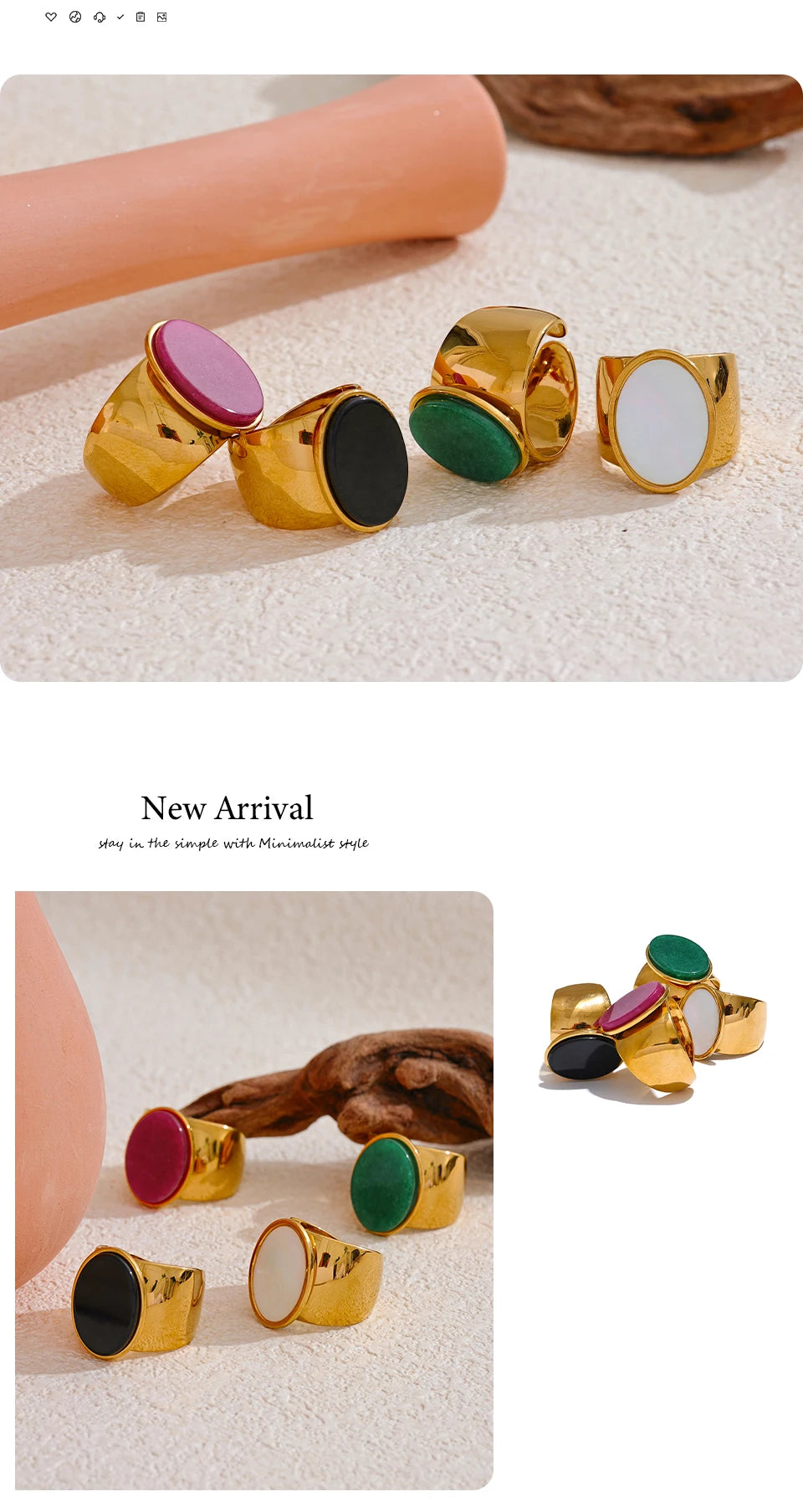 Yhpup PVD Plated Stone Stainless Steel Gold Color Wide Ring Summer Trendy Fashion Jewelry Accessories Bijoux