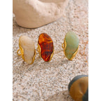 Yhpup New Design Brown Green Beige Resin Geometric Adjustable Ring Golden PVD Stainless Steel Rust Proof Finger Jewelry Gift