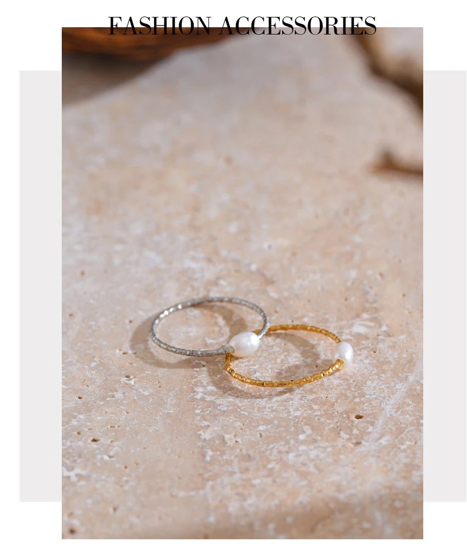 Yhpup Trendy Stainless Steel Natural Pearl Thin Finger Ring for Women Summer Versatile Daily Jewelry Accessories Gift