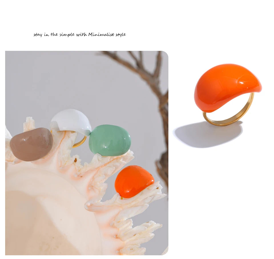 Yhpup Stainless Steel Fashion Joyful Candy Multi-Color Khaki Orange Blue White Enamel Ring Waterproof Adjustable Charm Jewelry