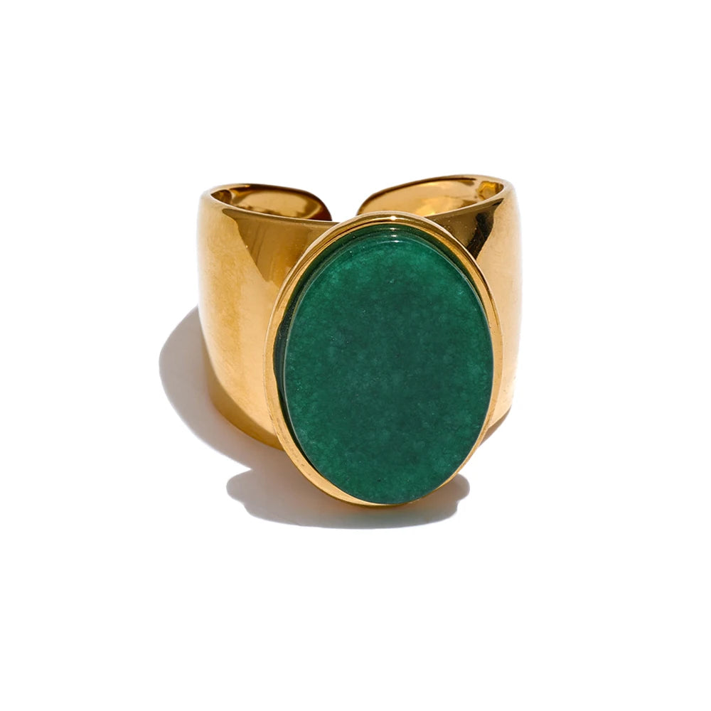 Yhpup PVD Plated Stone Stainless Steel Gold Color Wide Ring Summer Trendy Fashion Jewelry Accessories Bijoux