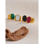 Yhpup PVD Plated Stone Stainless Steel Gold Color Wide Ring Summer Trendy Fashion Jewelry Accessories Bijoux
