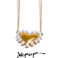 Yhpup Elegant Imitation Pearls Heart Love Popular Necklace Pendant Stainless Steel Romantic Collar Neck Jewelry Waterproof