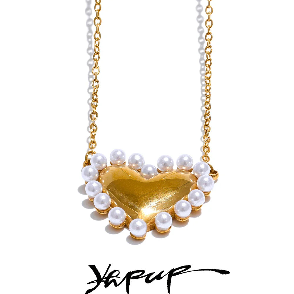 Yhpup Elegant Imitation Pearls Heart Love Popular Necklace Pendant Stainless Steel Romantic Collar Neck Jewelry Waterproof