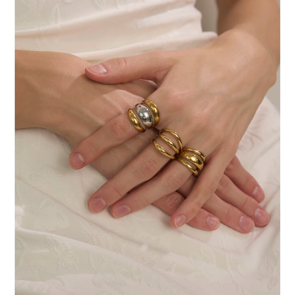 Yhpup Arrivals Glossy Stainless Steel Layered Hollow Open Ring for Women Distinctive Geometric Attractive Jewelry