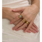 Yhpup Arrivals Glossy Stainless Steel Layered Hollow Open Ring for Women Distinctive Geometric Attractive Jewelry