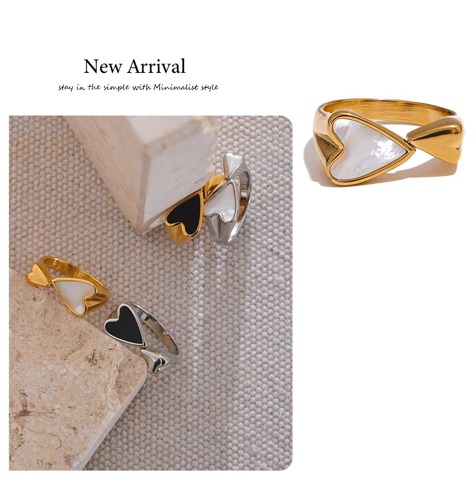 Yhpup Shell Acrylic Heart Stainless Steel Stylish Ring for Women Charms Metal Texture Waterproof Golden Jewelry Gala Gift