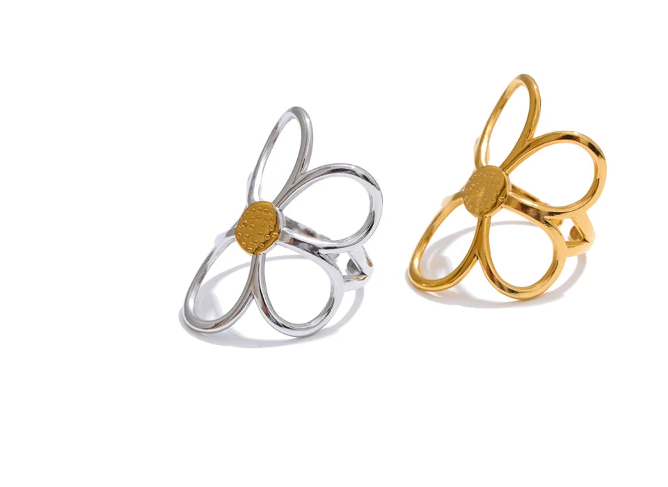Yhpup Trendy Stainless Steel Metal Flower Adjustable Fashion Finger Ring Rust Proof Attractive Daily Jewelry Accessories Gift