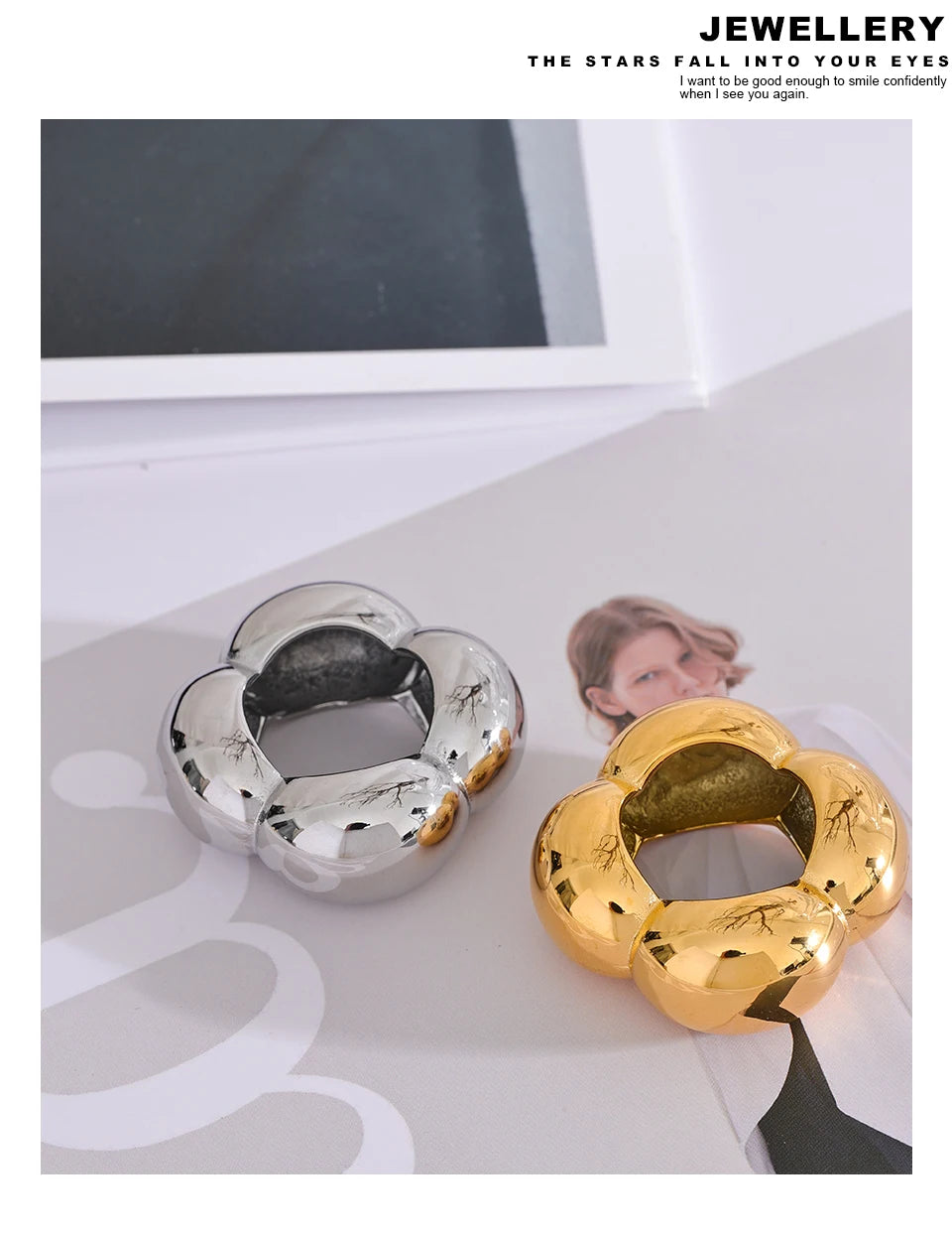 Yhpup 316l Stainless Steel Flower Hollow Big Fashion Statement Ring Waterproof Texture Jewelry Attractive Women Bijoux Gift
