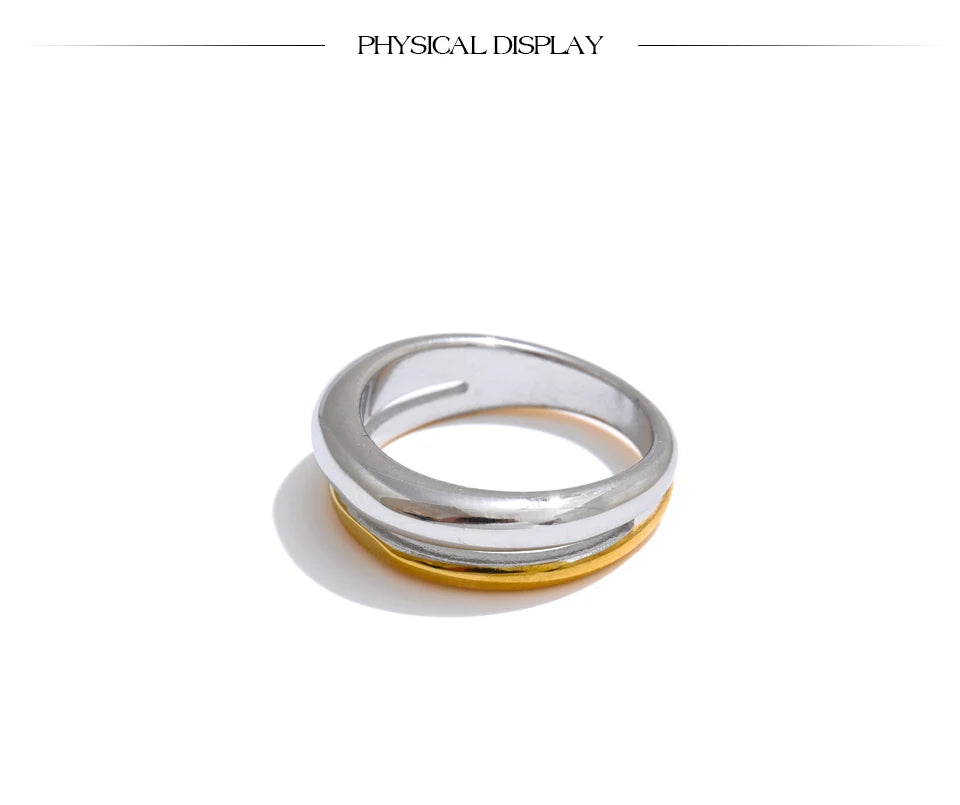 Yhpup 6789# Statement Stainless Steel Metal Double Color Geometric Casting Ring for Women Water Resistant Trendy Jewelry Gift