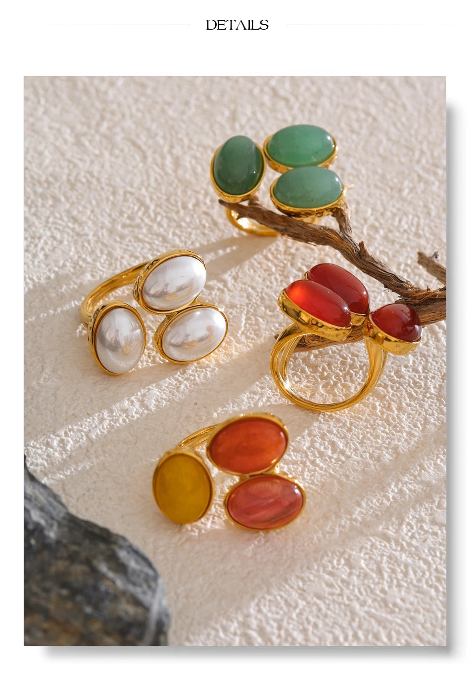 Yhpup Natural Aventurine Agate Stone Shell Pearl Flower Adjustable Ring Fashion Stainless Steel Charm Finger Jewelry Accessories