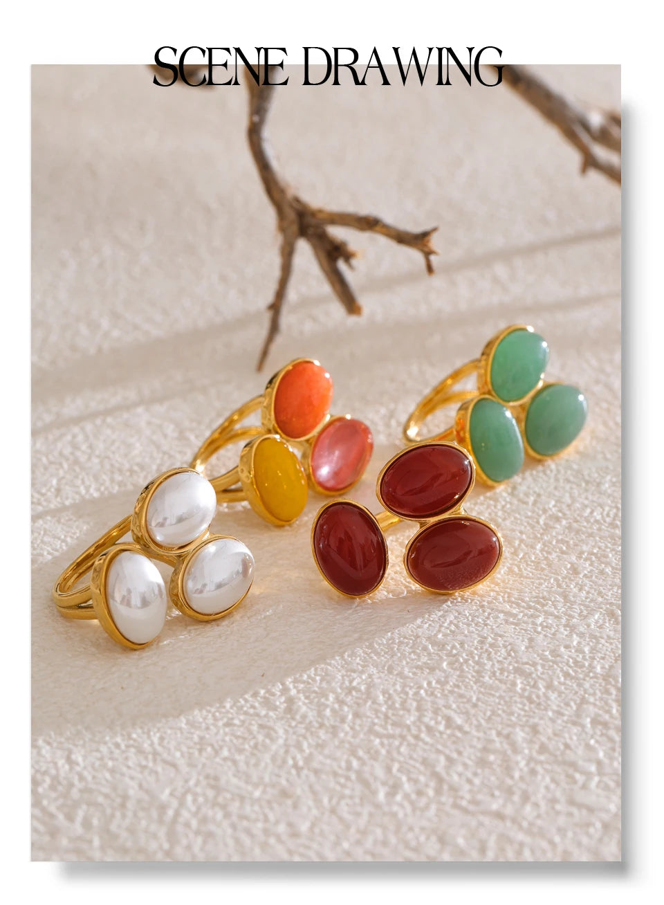 Yhpup Natural Aventurine Agate Stone Shell Pearl Flower Adjustable Ring Fashion Stainless Steel Charm Finger Jewelry Accessories