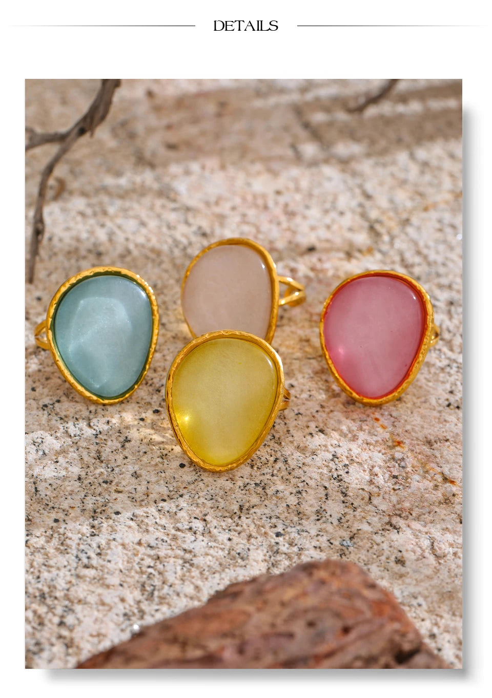 Yhpup Exquisite Candy Multi-Color White Pink Blue Yellow Resin Adjustable Ring Gold Color Stainless Steel Summer Jewelry Gift