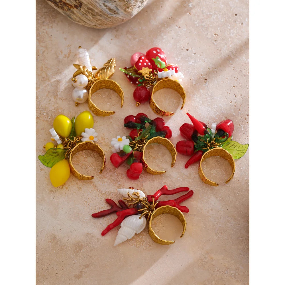Yhpup Exclusive Design Strawberry Cherry Chilli Shell Resin Drop Open Adjustable Ring 18K Golden Stainless Steel Charm Jewelry