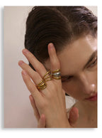 Yhpup Arrivals Glossy Stainless Steel Layered Hollow Open Ring for Women Distinctive Geometric Attractive Jewelry