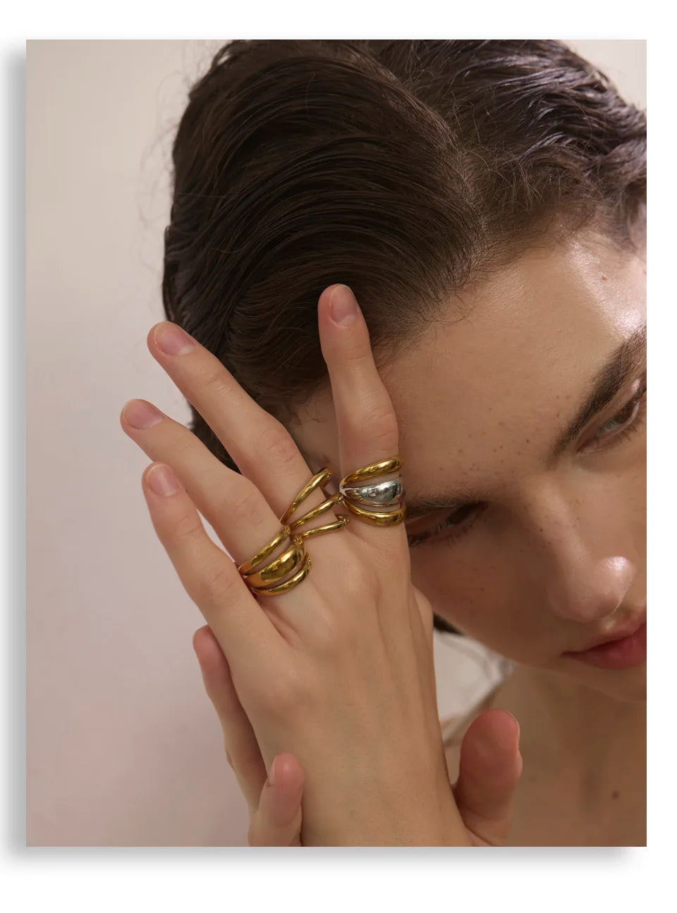 Yhpup Arrivals Glossy Stainless Steel Layered Hollow Open Ring for Women Distinctive Geometric Attractive Jewelry