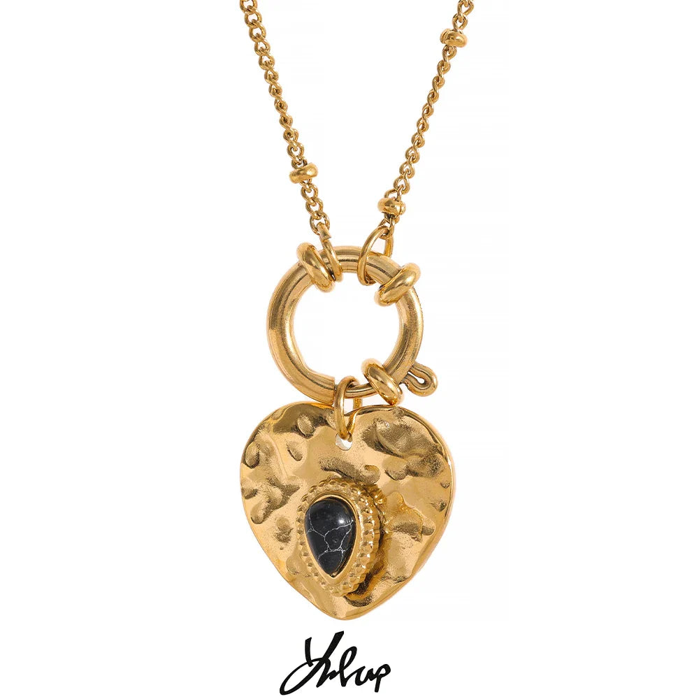 Yhpup Charm Vintage Metal Heart Pendant Stainless Steel Necklace Golden Chain Collar Fashion France Trendy Jewelry Bijoux Women