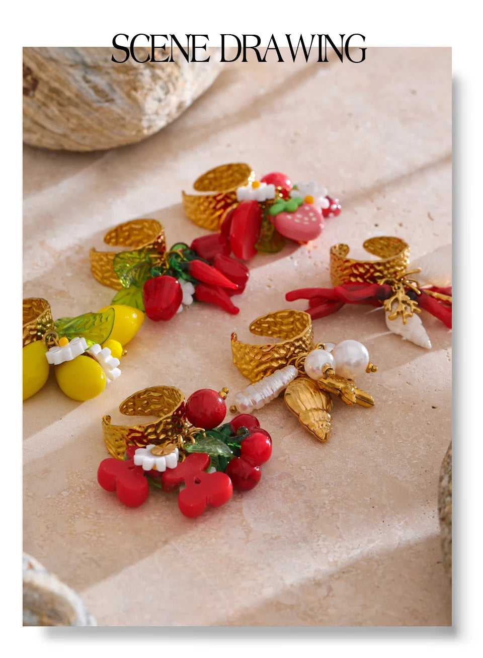 Yhpup Exclusive Design Strawberry Cherry Chilli Shell Resin Drop Open Adjustable Ring 18K Golden Stainless Steel Charm Jewelry