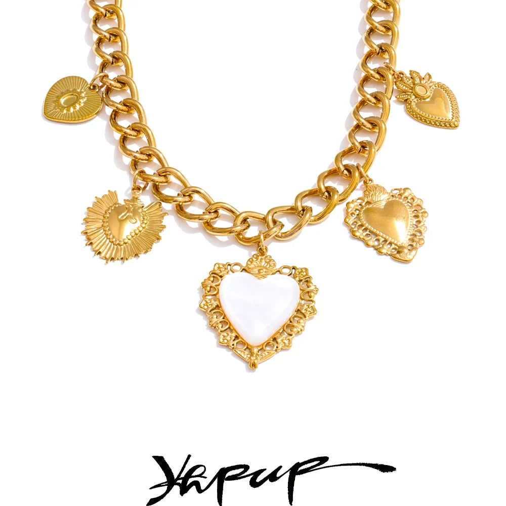 Yhpup 18K Golden Plated Stainless Steel Resin Heart Love Drop Necklace Cuban Chain Texture Charm Popular Jewelry 2025