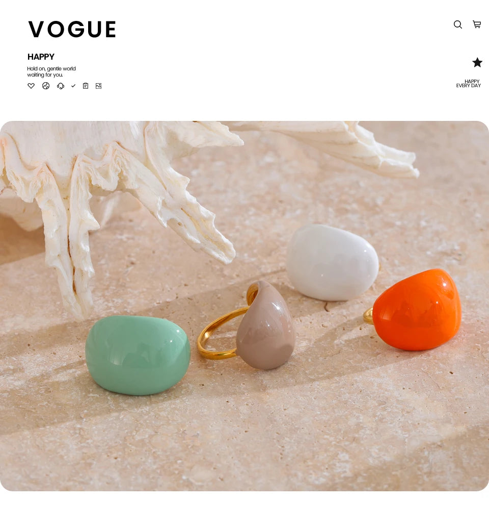 Yhpup Stainless Steel Fashion Joyful Candy Multi-Color Khaki Orange Blue White Enamel Ring Waterproof Adjustable Charm Jewelry