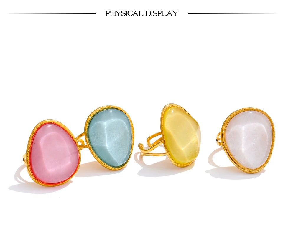 Yhpup Exquisite Candy Multi-Color White Pink Blue Yellow Resin Adjustable Ring Gold Color Stainless Steel Summer Jewelry Gift