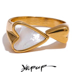 Yhpup Shell Acrylic Heart Stainless Steel Stylish Ring for Women Charms Metal Texture Waterproof Golden Jewelry Gala Gift